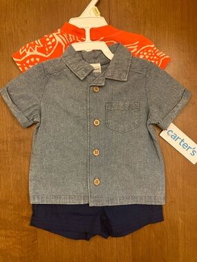 3M Baby Set- Chambray Short-Sleeve Button-Up, Shorts, Bodysuit